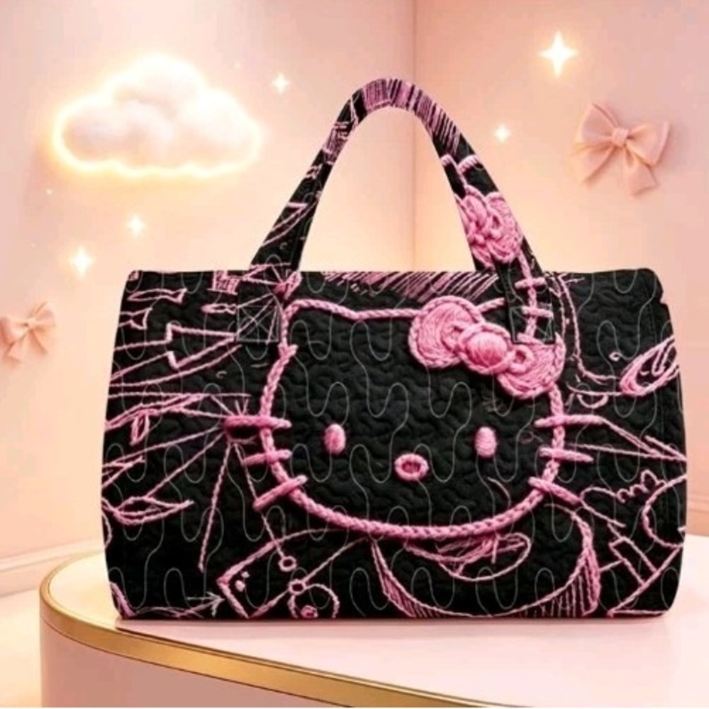 NEW Hello Kitty Quilted Tote Bag - Black And Pink 18"x6"